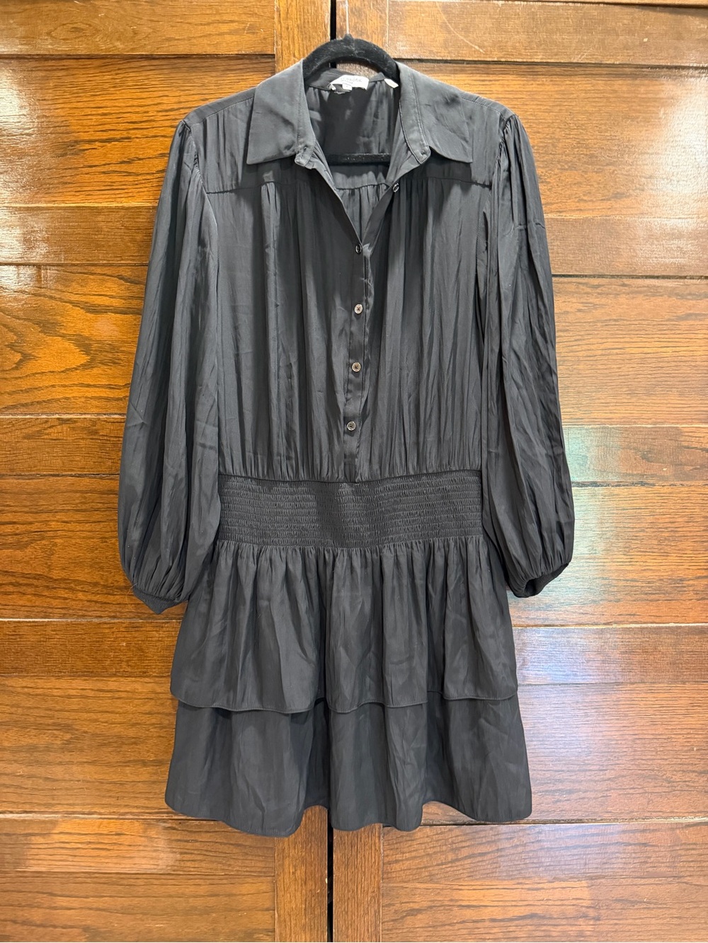 Ramy Brook large Black Tiered Smocked-Waist Long-Sleeve Shirt Dress flowy soft